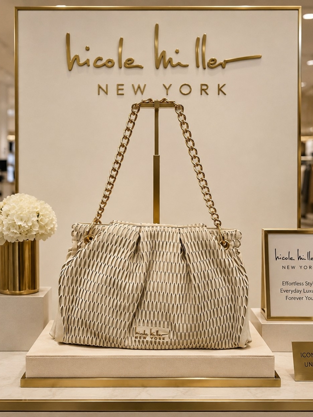✨ Nicole Miller New York Laser Cut Shoulder Bag – Cream & Gold | NWT ✨